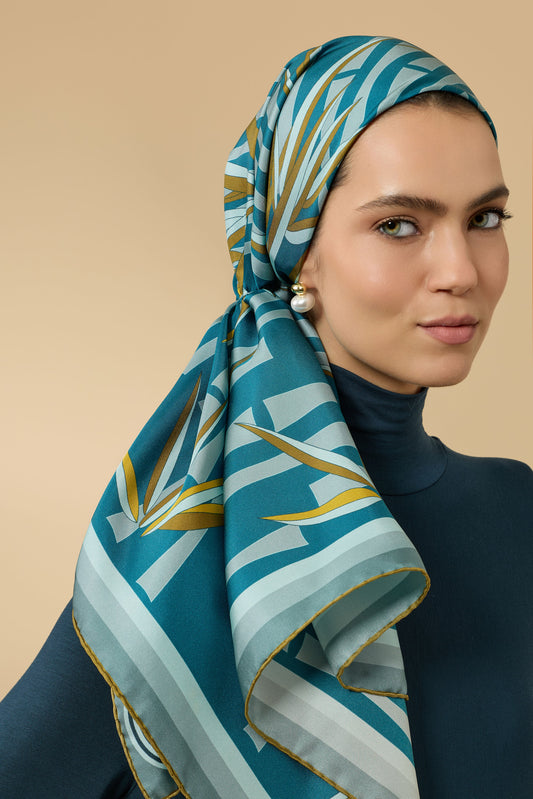 Bambu I Petrol Tivil İpek Eşarp 90x90