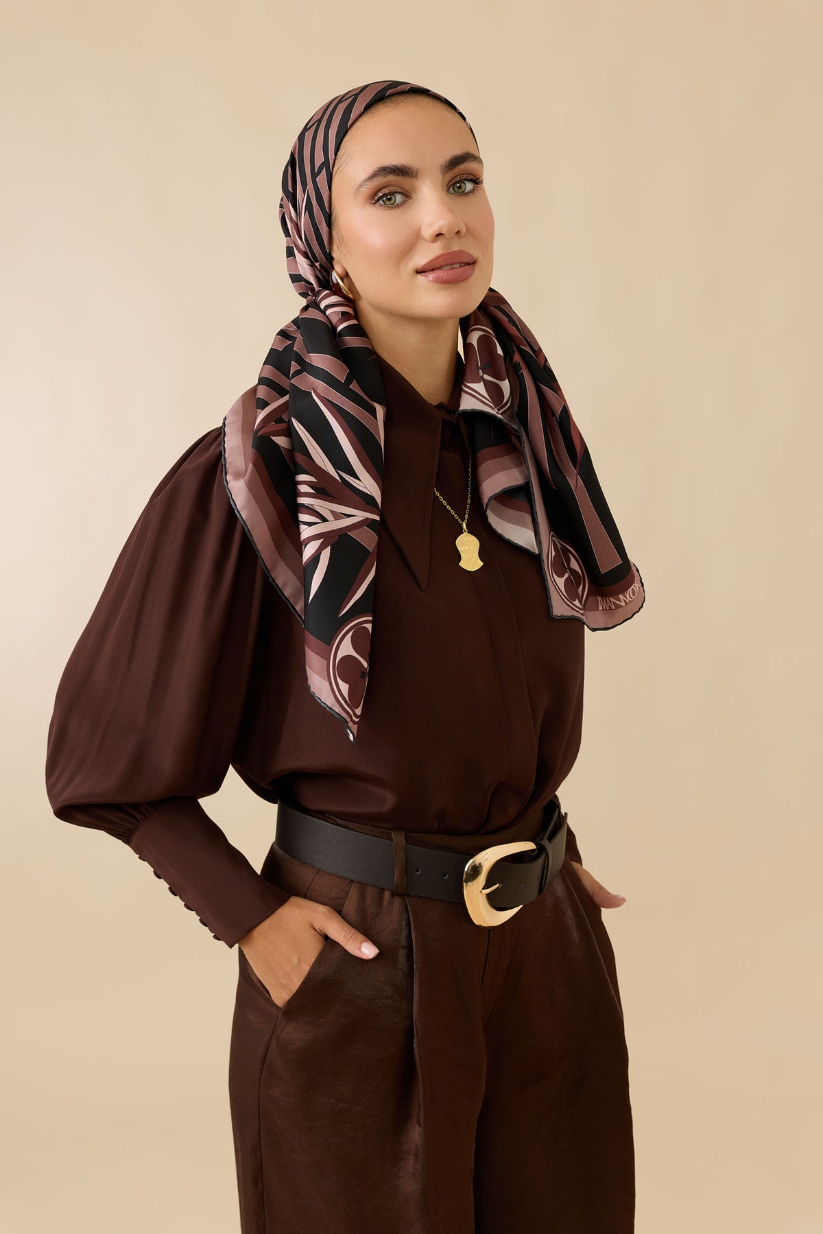 Bambu I Siyah-Vizon Tivil İpek Eşarp 90x90