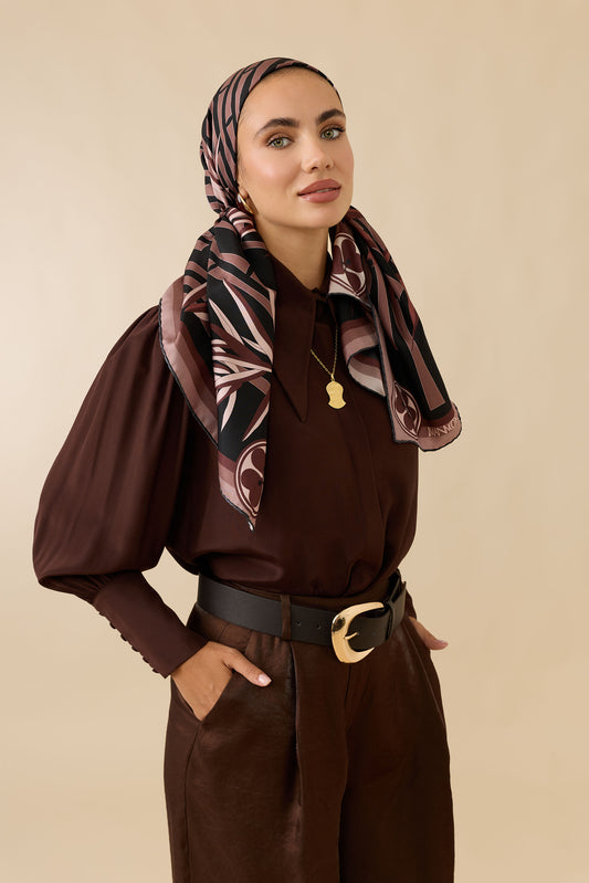 Bambu I Siyah-Vizon Tivil İpek Eşarp 90x90