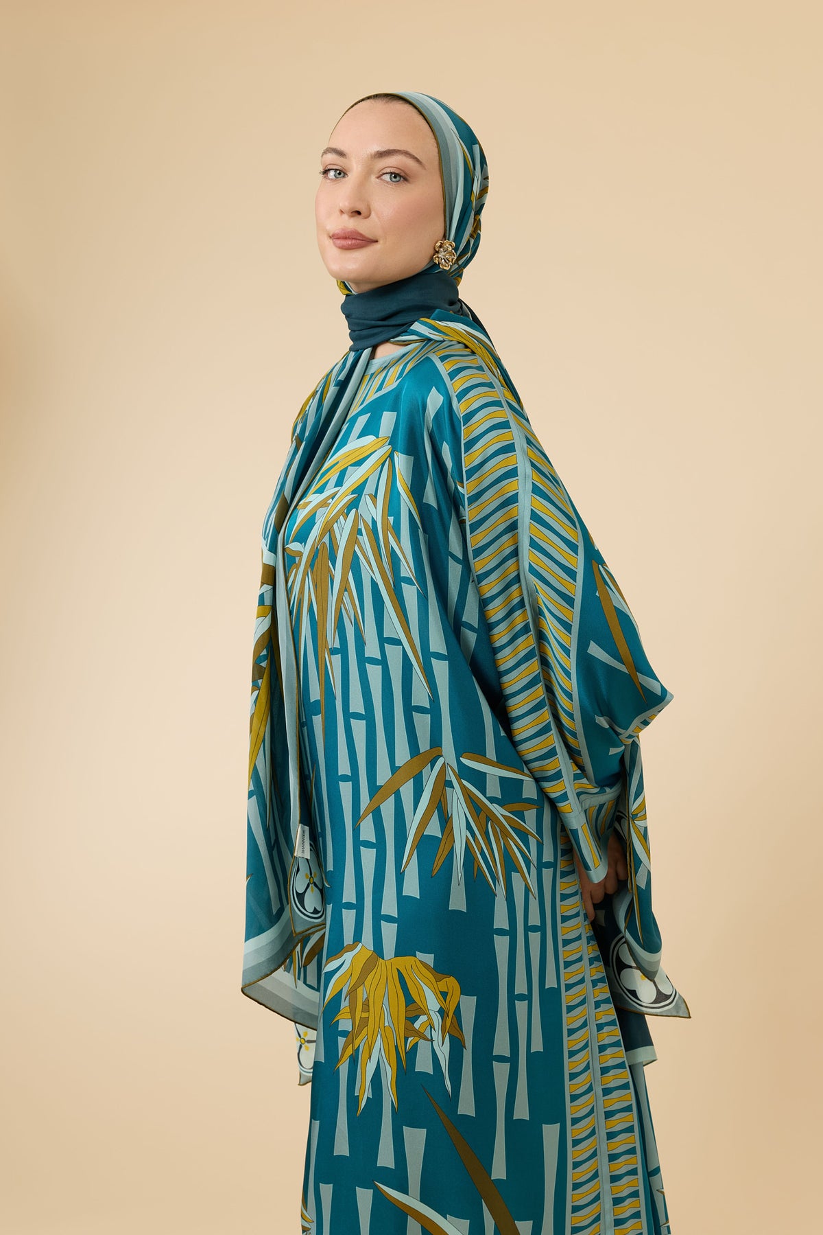 Bambu I Petrol Krep İpek Kaftan Elbise