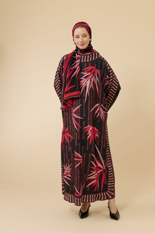 Bambu I Siyah-Kırmızı Krep İpek Kaftan Elbise