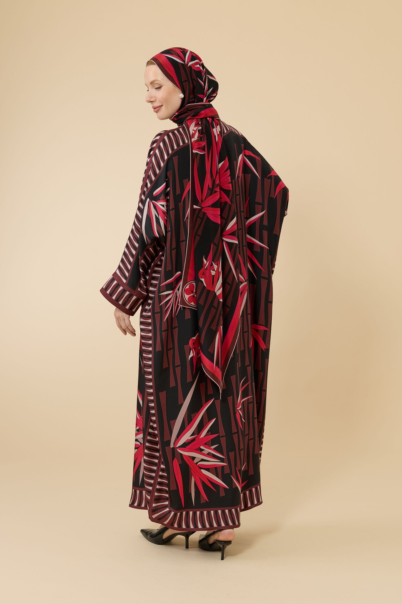 Bambu I Siyah-Kırmızı Krep İpek Kaftan Elbise