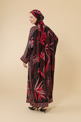 Bambu I Siyah-Kırmızı Krep İpek Kaftan Elbise
