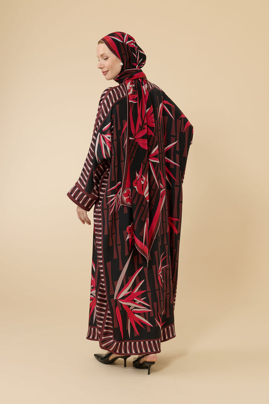 Bambu I Siyah-Kırmızı Krep İpek Kaftan Elbise