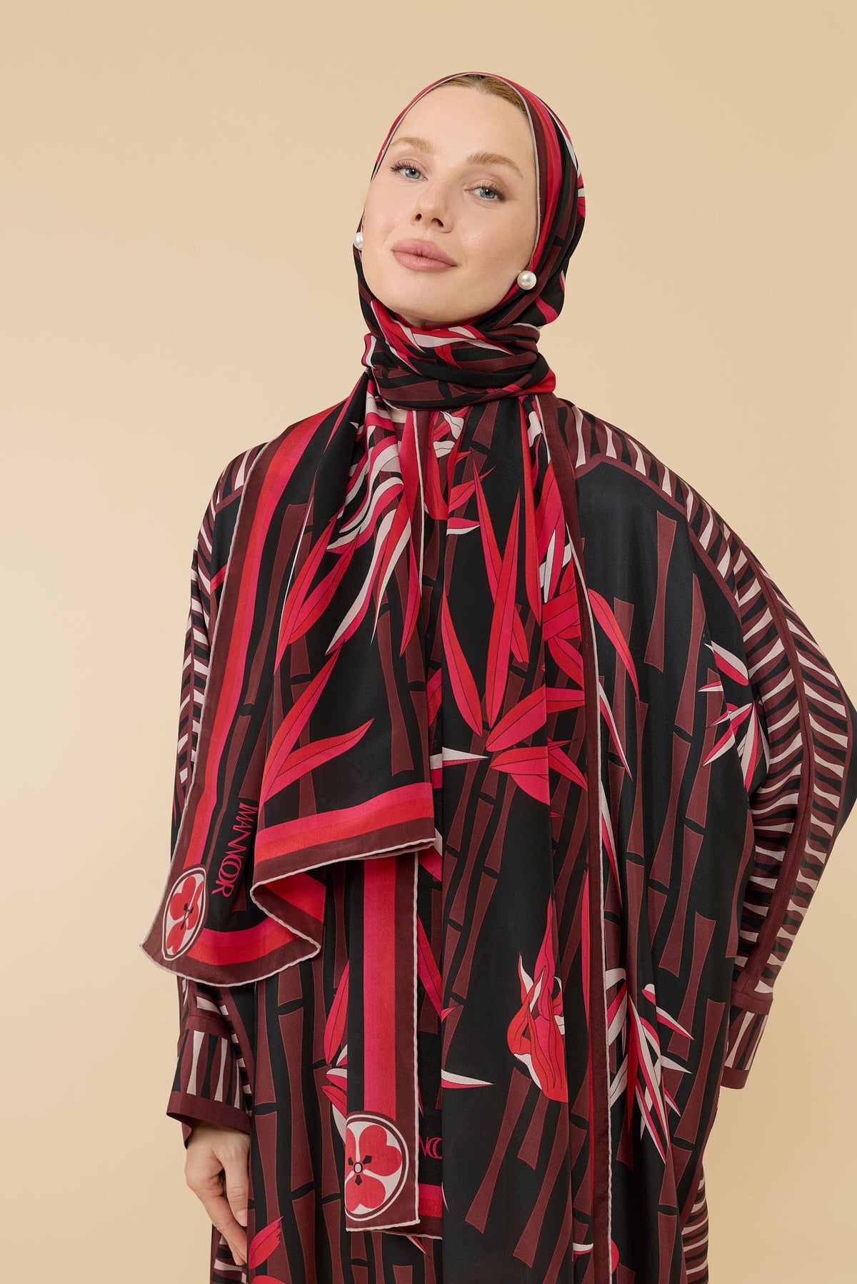 Bambu I Siyah-Kırmızı Krep İpek Kaftan Elbise