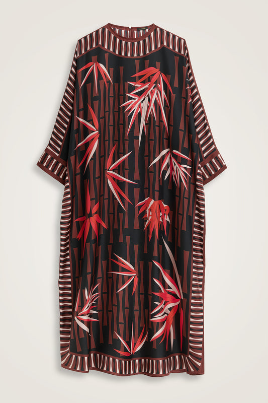 Bambu I Siyah-Kırmızı Krep İpek Kaftan Elbise