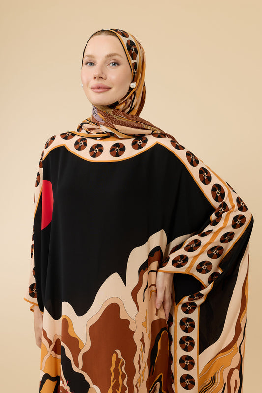 Dağ Ve Sakura Siyah-Bej Tivil İpek Kaftan