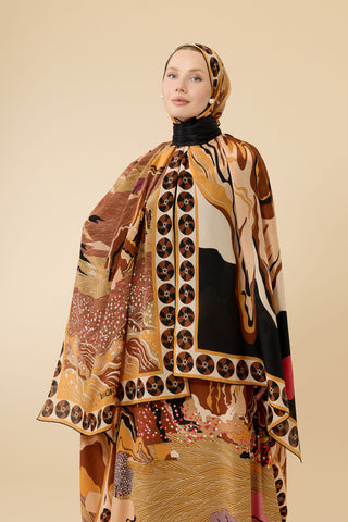 Dağ ve Sakura Siyah-Bej Krep İpek Kaftan Şalı 80x210