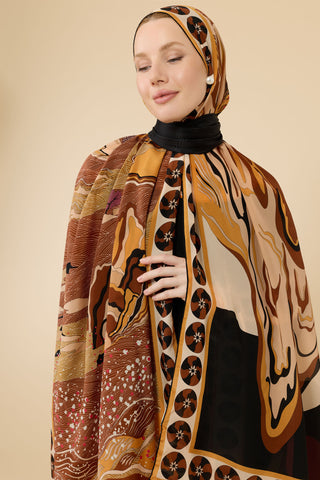 Dağ ve Sakura Siyah-Bej Krep İpek Kaftan Şalı 80x210