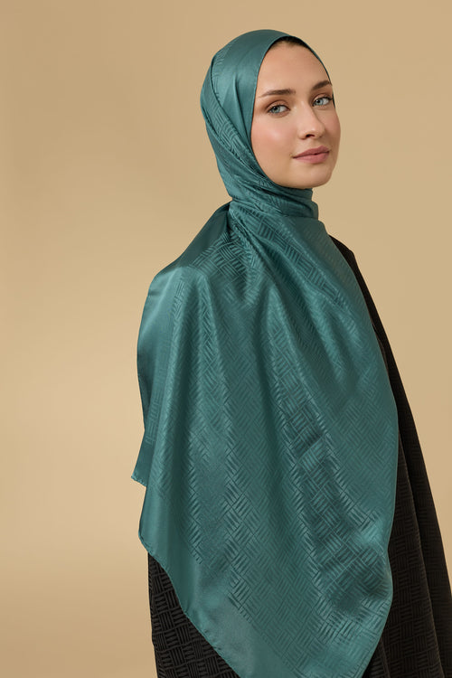 Iman Square Green Petrol Jacquard Silk Scarf