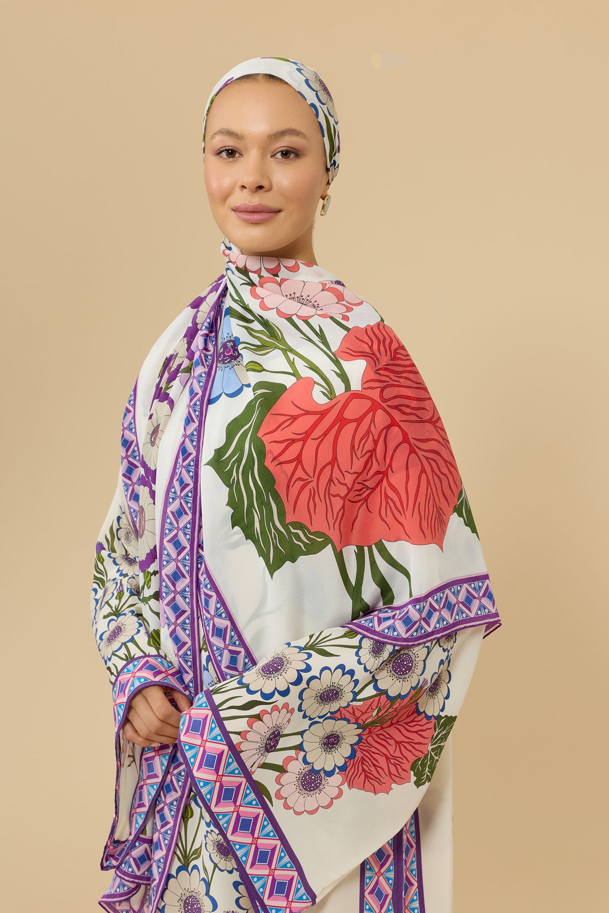 Japon Şemsiyesi Beyaz Krep İpek Şal 70x210