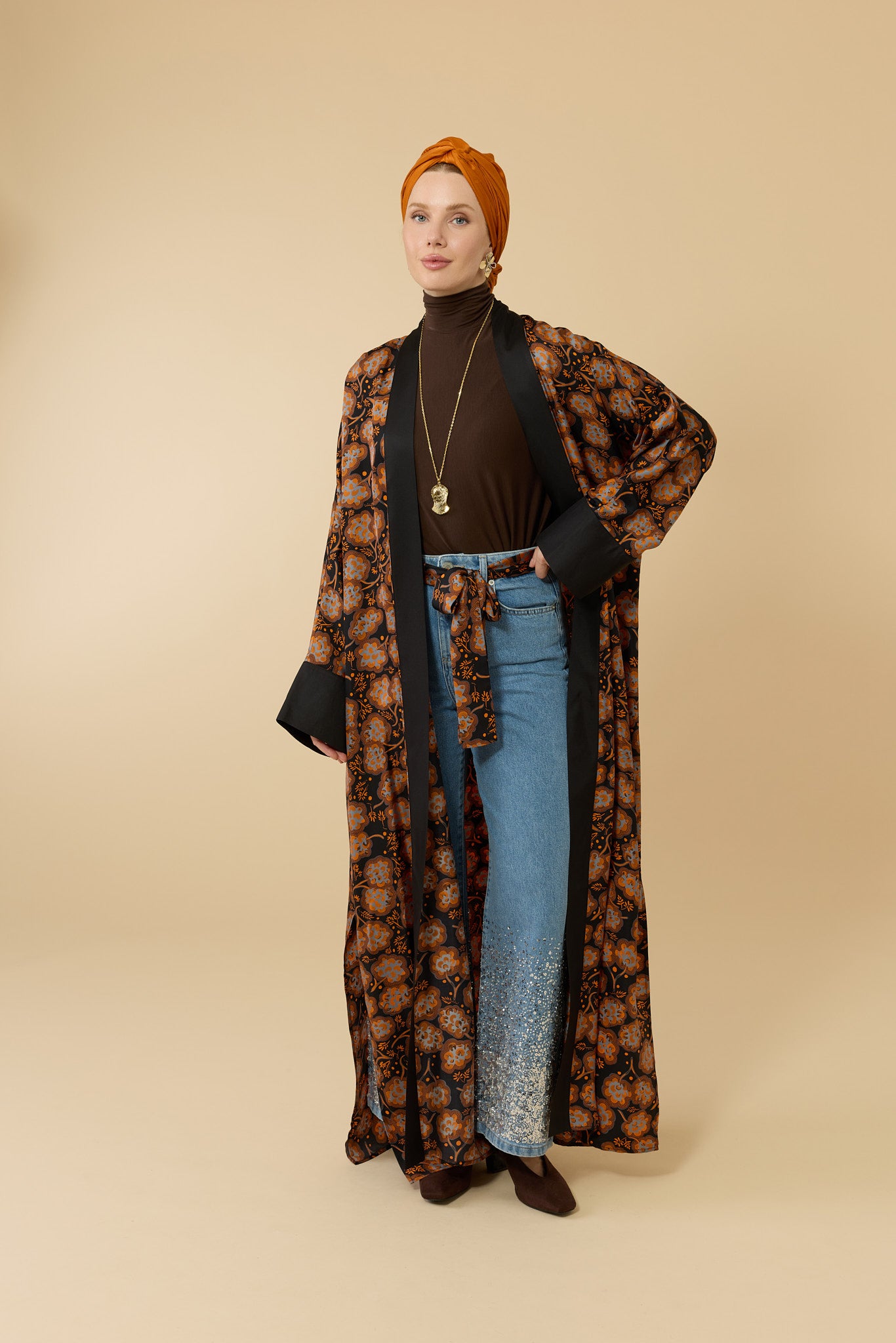 Nar Ağacı Bakır Tivil İpek Uzun Kimono