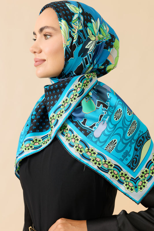 Nilüfer Siyah-Mavi Tivil İpek Eşarp 90x90
