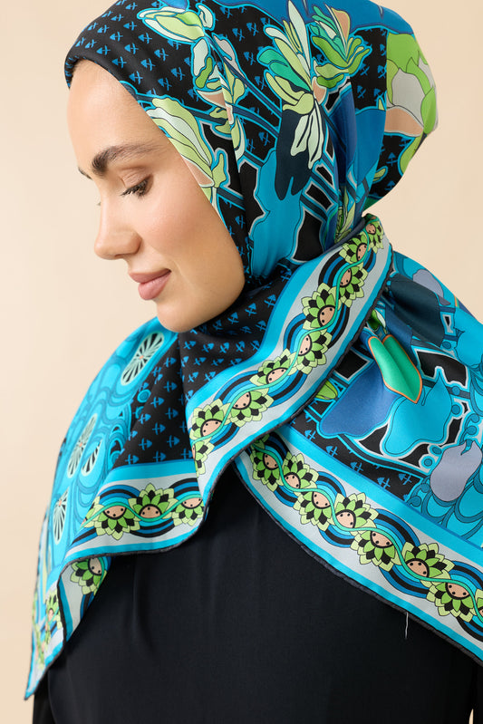 Nilüfer Siyah-Mavi Tivil İpek Eşarp 90x90