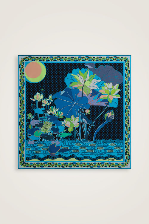 Nilüfer Siyah-Mavi Tivil İpek Eşarp 90x90