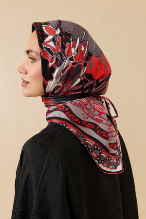 Nilüfer Kırmızı-Siyah Tivil İpek Eşarp 90x90