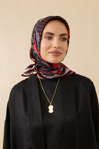 Nilüfer Kırmızı-Siyah Tivil İpek Eşarp 90x90