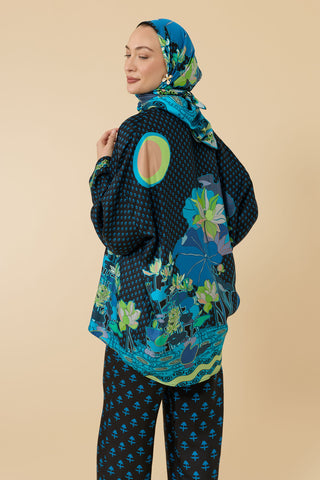 Nilüfer Siyah-Mavi Tivil İpek Kısa Kimono