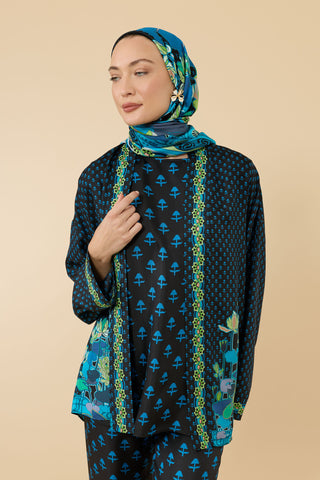 Nilüfer Siyah-Mavi Tivil İpek Kısa Kimono