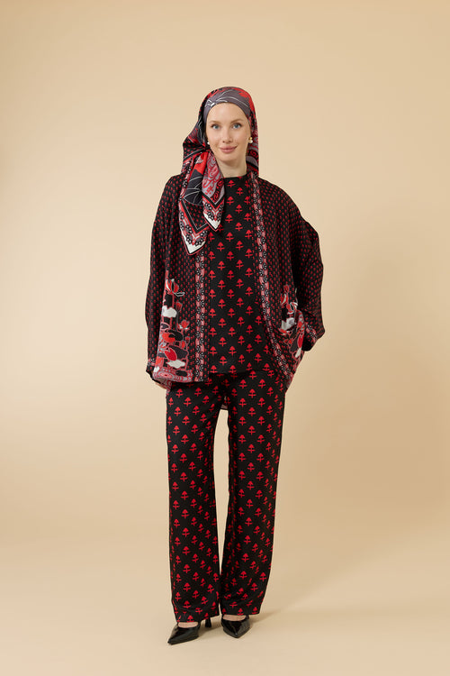Nilüfer Siyah-Kırmızı Tivil İpek Kısa Kimono