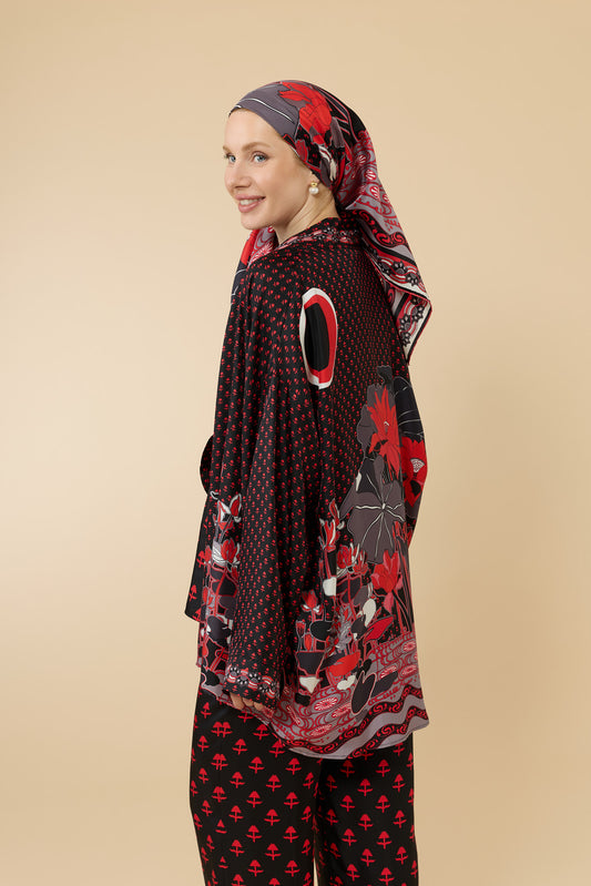 Nilüfer Siyah-Kırmızı Tivil İpek Kısa Kimono
