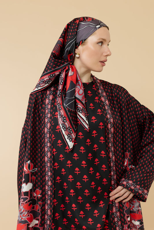 Nilüfer Siyah-Kırmızı Tivil İpek Kısa Kimono