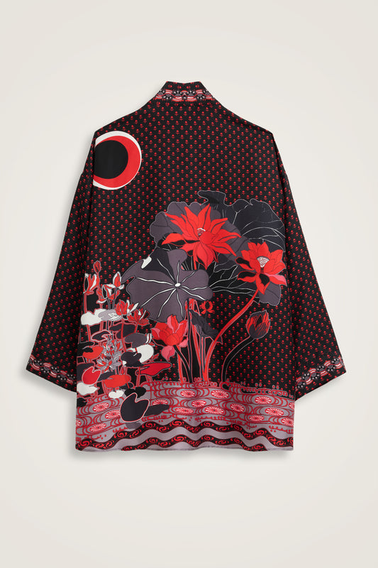 Nilüfer Siyah-Kırmızı Tivil İpek Kısa Kimono