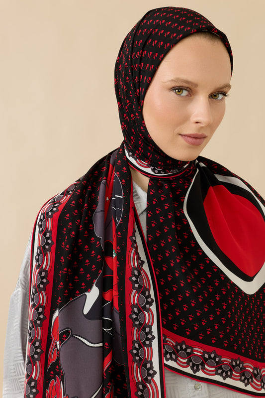 Nilüfer Kırmızı-Siyah Krep İpek Şal 70x210