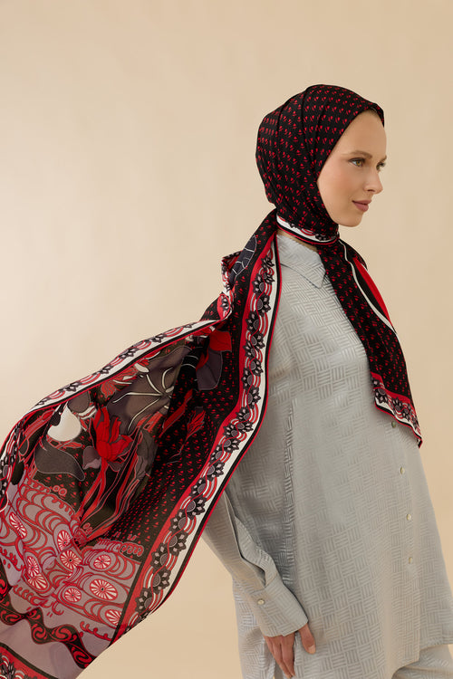 Nilüfer Kırmızı-Siyah Krep İpek Şal 70x210