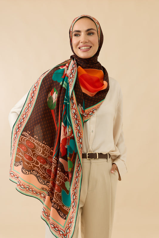 Nilüfer Kahverengi Krep İpek Şal 70x210