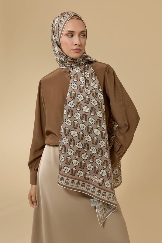 Ters Lale Bej Pamuk İpek Şal 70x210