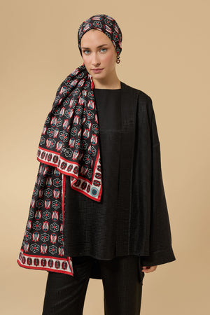 Ters Lale Siyah-Kırmızı Pamuk İpek Şal 70x210
