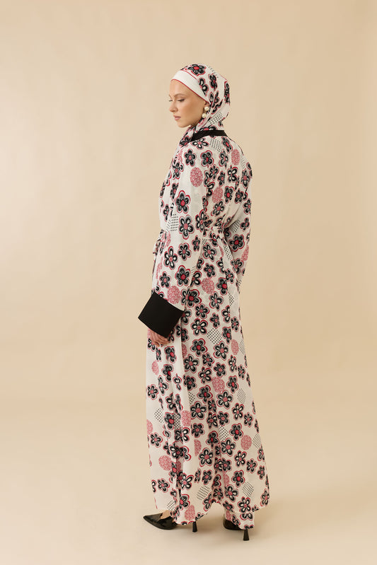 Kar Taneleri Beyaz Tivil İpek Uzun Kimono