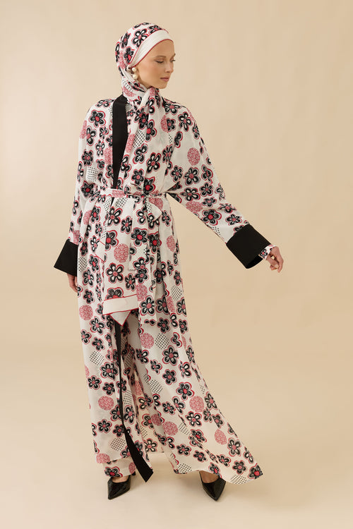 Kar Taneleri Beyaz Tivil İpek Uzun Kimono