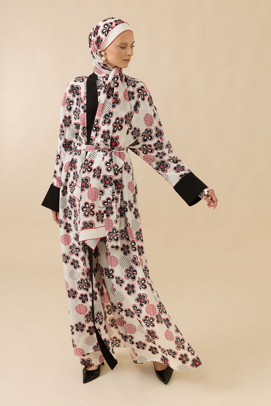 Kar Taneleri Beyaz Tivil İpek Uzun Kimono