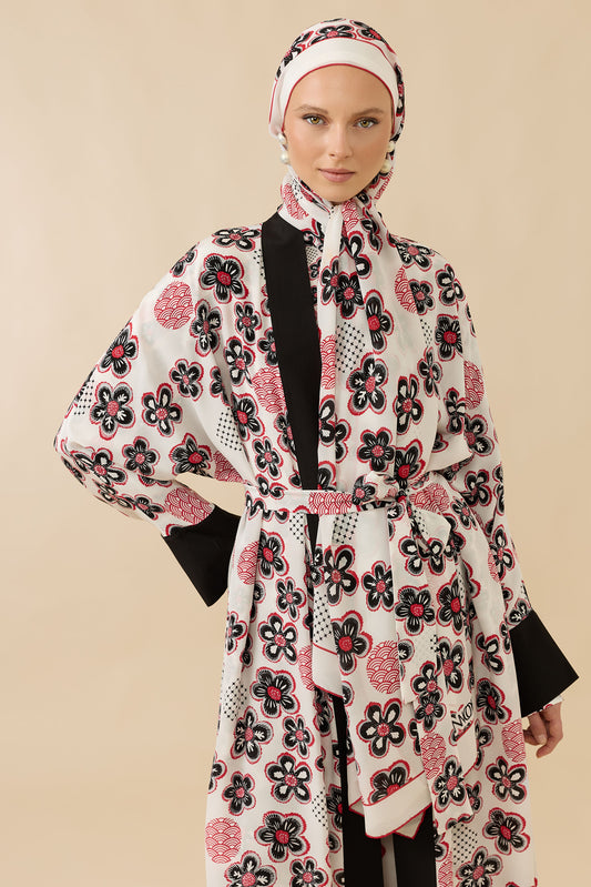 Kar Taneleri Beyaz Tivil İpek Uzun Kimono