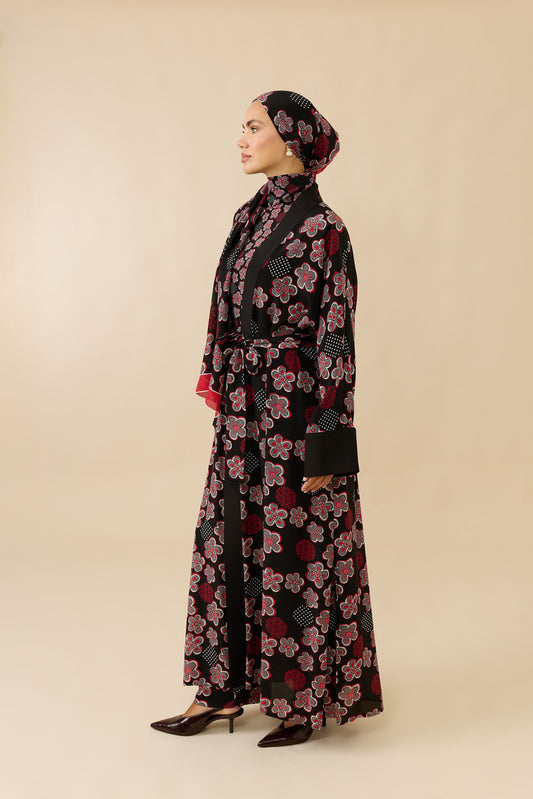 Kar Taneleri Siyah-Kırmızı Tivil İpek Uzun Kimono