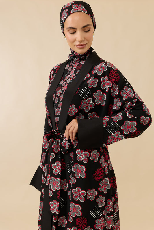 Kar Taneleri Siyah-Kırmızı Tivil İpek Uzun Kimono