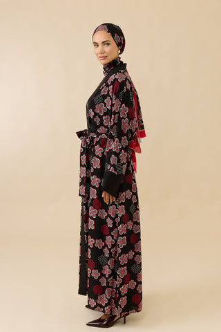 Kar Taneleri Siyah-Kırmızı Tivil İpek Uzun Kimono