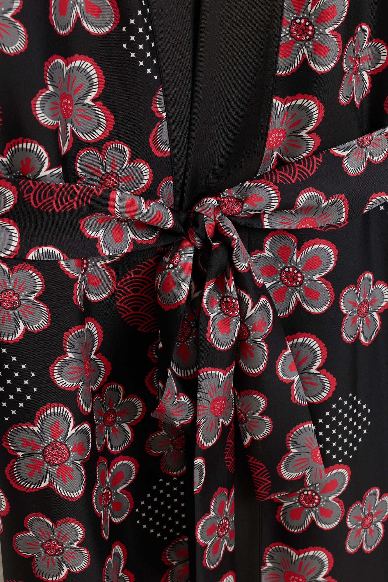 Kar Taneleri Siyah-Kırmızı Tivil İpek Uzun Kimono