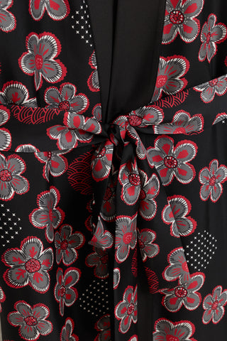 Kar Taneleri Siyah-Kırmızı Tivil İpek Uzun Kimono