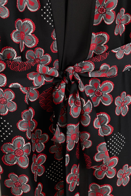 Kar Taneleri Siyah-Kırmızı Tivil İpek Uzun Kimono