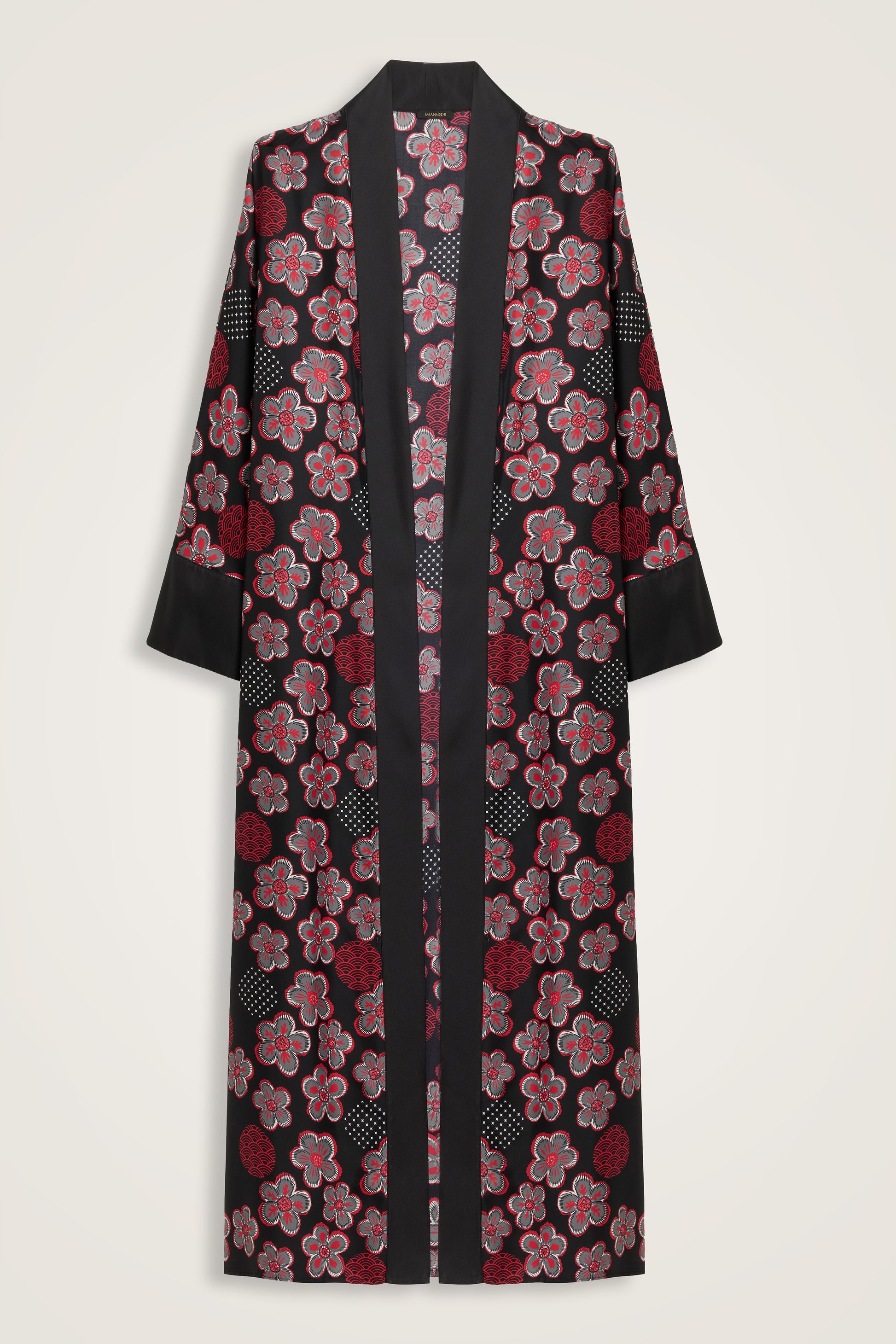 Kar Taneleri Siyah-Kırmızı Tivil İpek Uzun Kimono