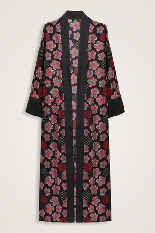 Kar Taneleri Siyah-Kırmızı Tivil İpek Uzun Kimono