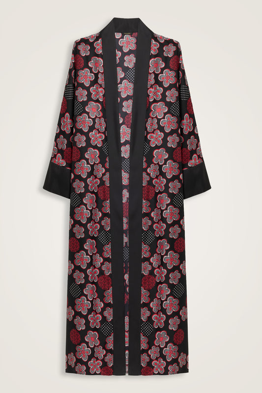 Kar Taneleri Siyah-Kırmızı Tivil İpek Uzun Kimono