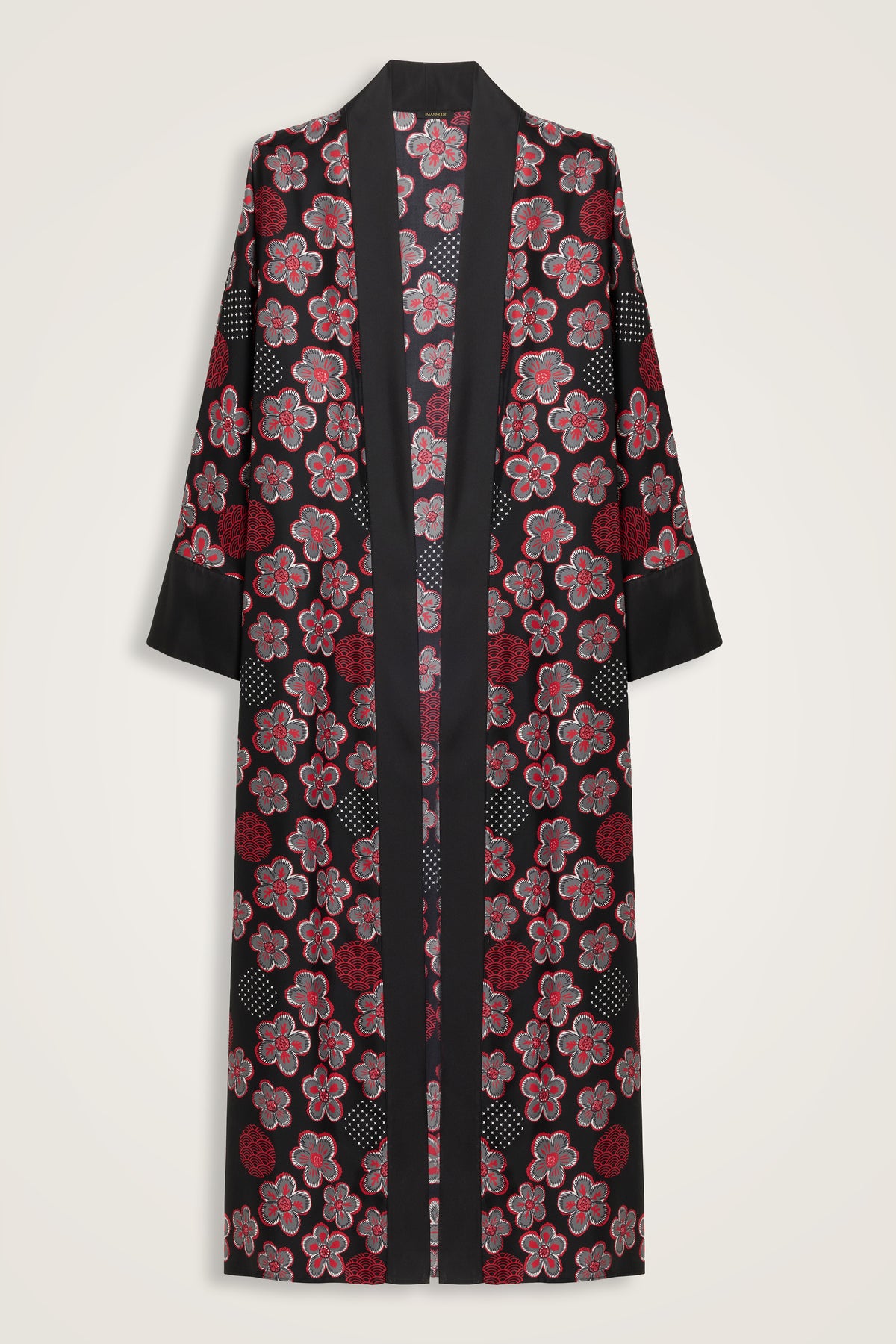 Kar Taneleri Siyah-Kırmızı Tivil İpek Uzun Kimono