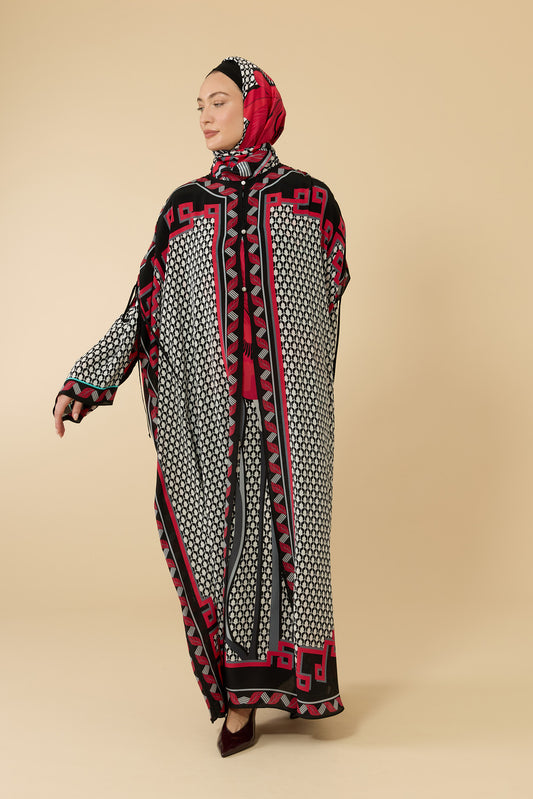İris Çiçeği Siyah-Kırmızı Krep İpek Abaya