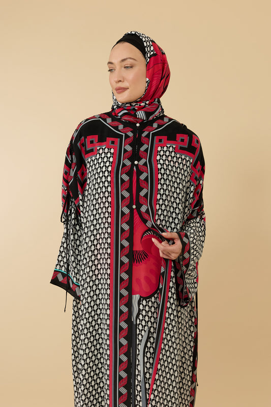 İris Çiçeği Siyah-Kırmızı Krep İpek Abaya