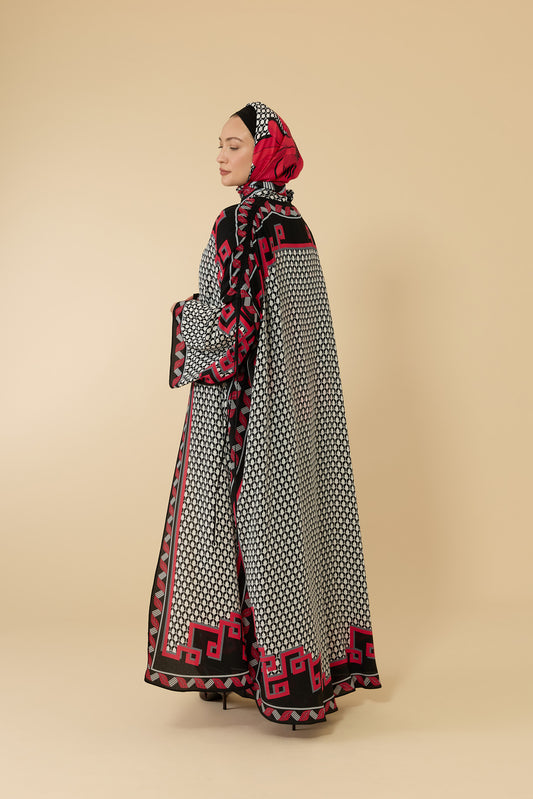 İris Çiçeği Siyah-Kırmızı Krep İpek Abaya