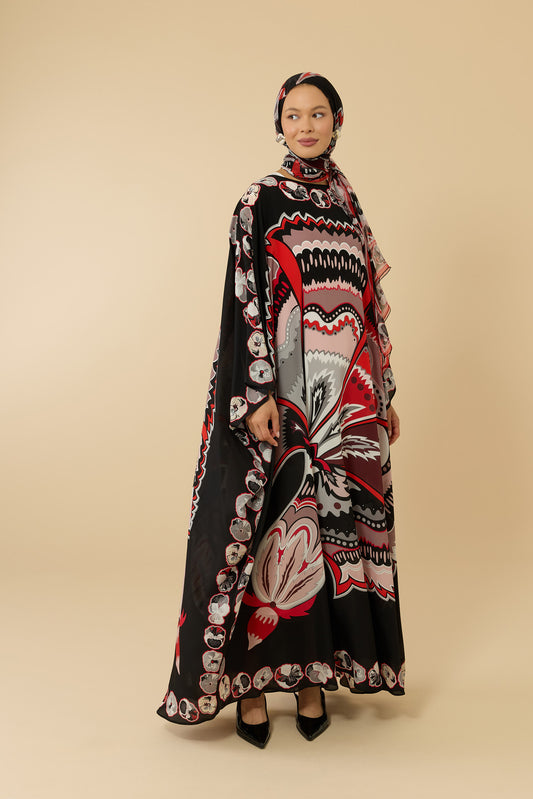 Karanfil Siyah-Kırmızı Krep İpek Kaftan